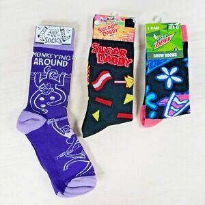 NWT - 3 PAIR LOT Sugar‎ Daddy Mountain Dew Novelty Crew Socks Monkey Around